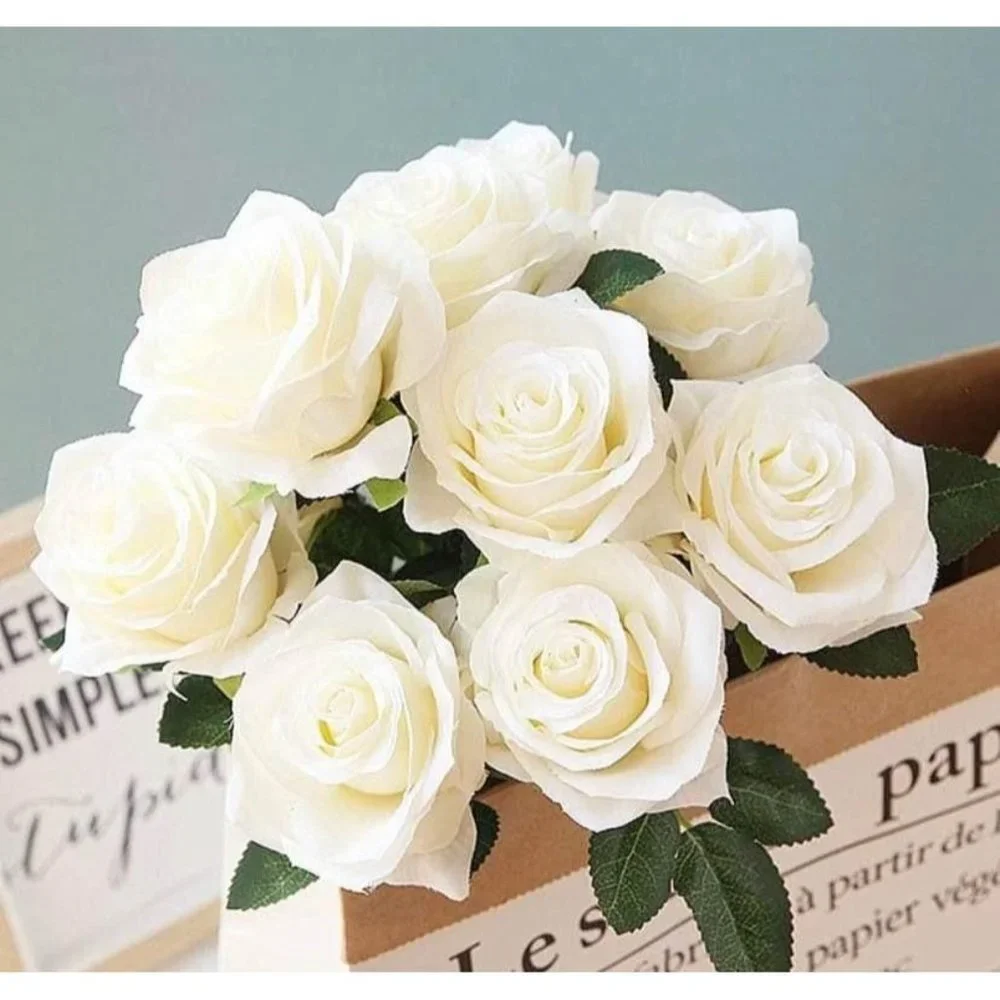 White Floral Artificial Roses Bouquet 10 Heads for Wedding Centerpiece - New